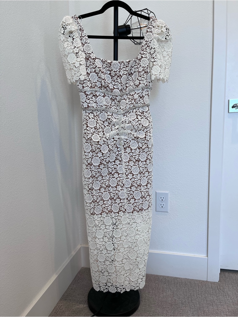 Elegant White Lace Maxi Dress with Nude Lining
